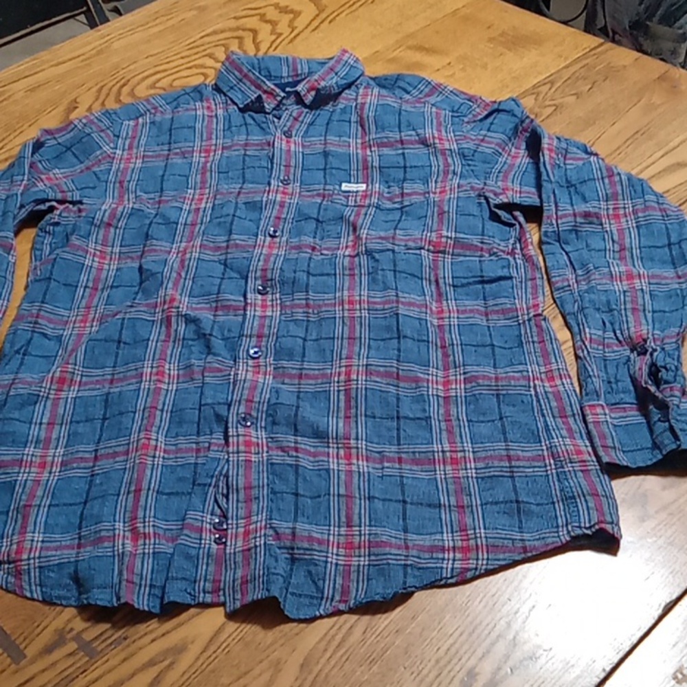 FALCONNABLE Mens LINEN Medium Shirt Top Preowned Long Sleeves Plaid Button BLUE
